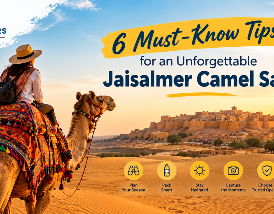 Tourists enjoying a Jaisalmer camel safari across the golden sand dunes of Rajasthan.
