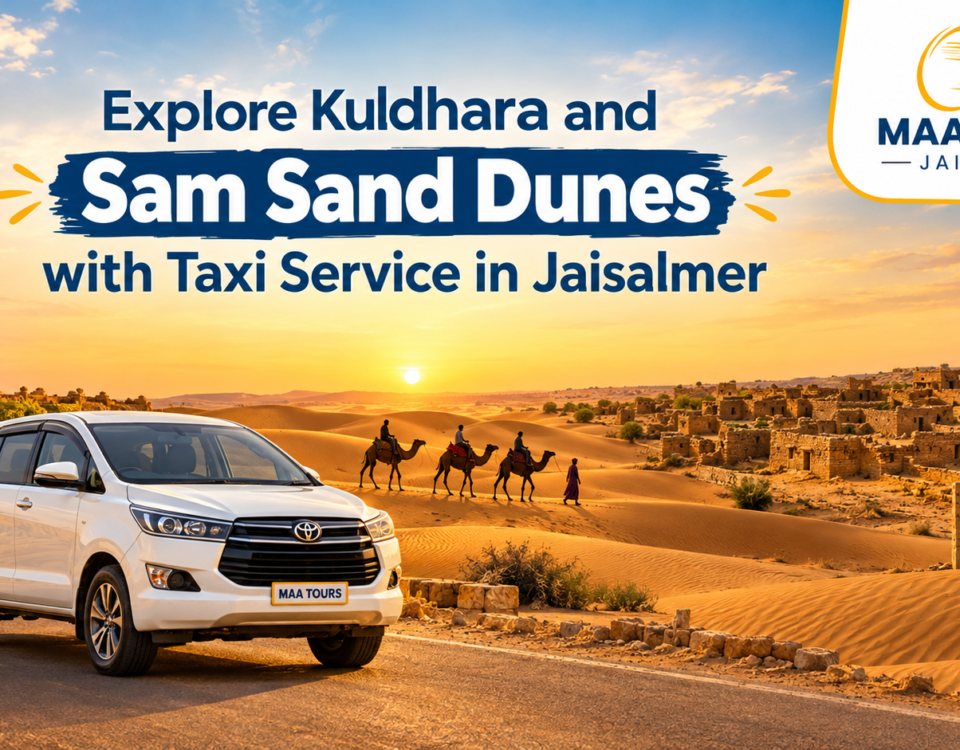 Taxi service in Jaisalmer driving near Sam Sand Dunes and Kuldhara Village ruins during a desert tour.